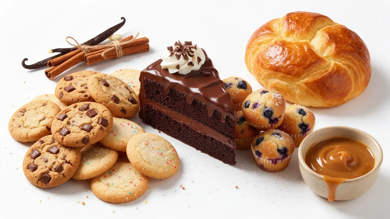 Biscoitos, fatia de bolo de chocolate, muffins, pão, canela em pau e baunilha sobre fundo branco