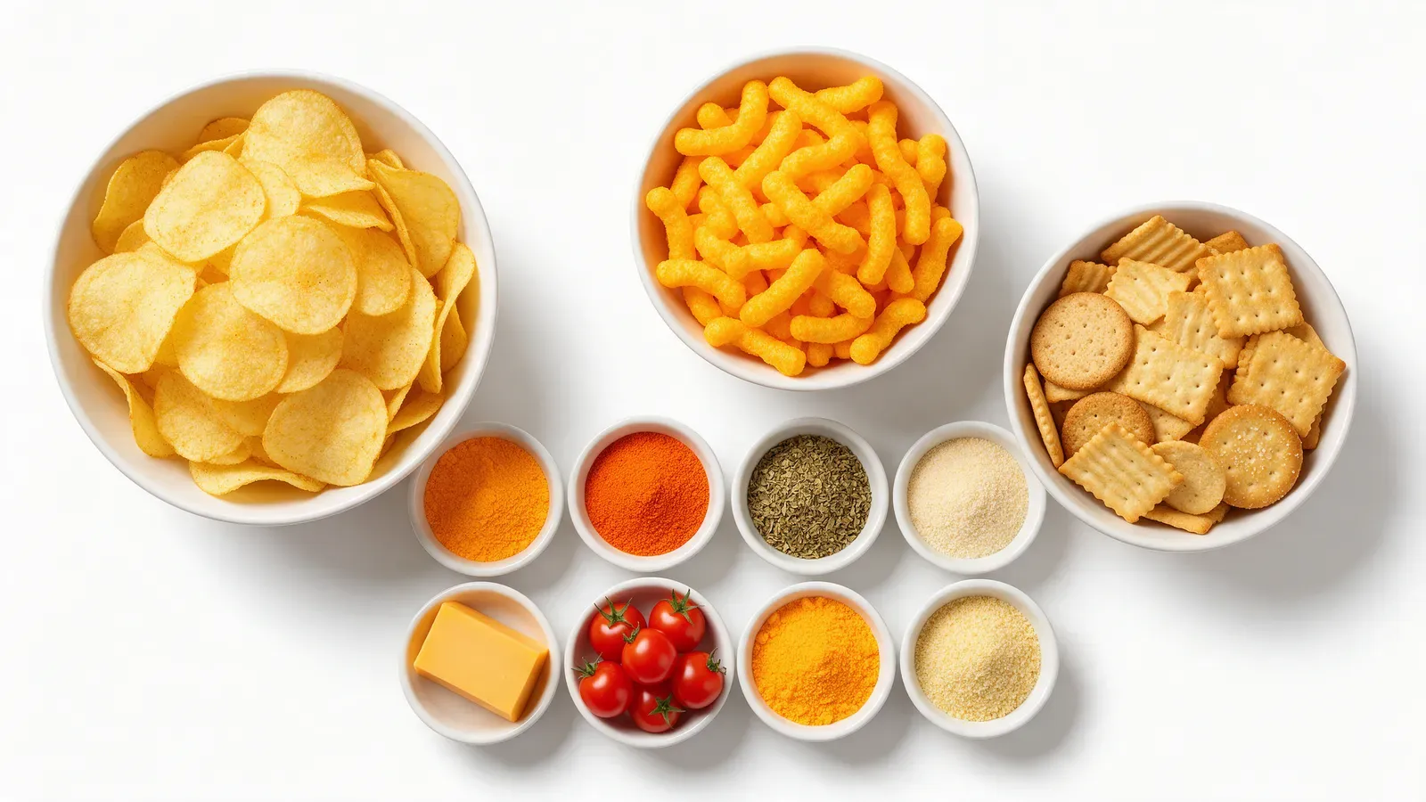Batatas chips, salgadinhos e biscoitos com tigelas de tempero de queijo, páprica, orégano e alho