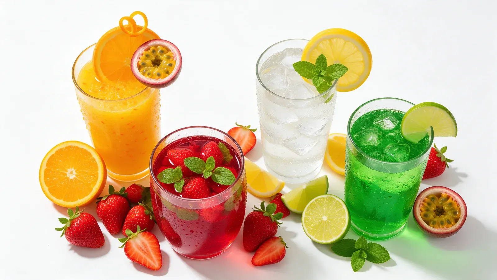 Copos de suco de laranja, refrigerante de limão e bebidas de frutas vermelhas com frutas ao redor