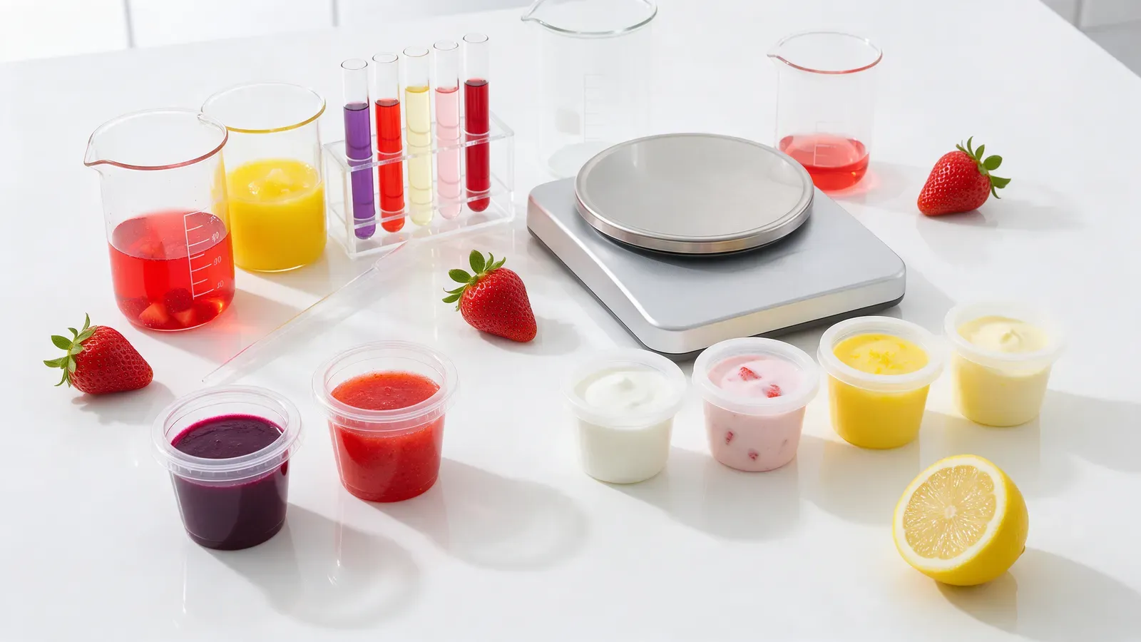 Bancada de laboratório com balança, béqueres, tubos com aromas coloridos, amostras de suco e iogurte